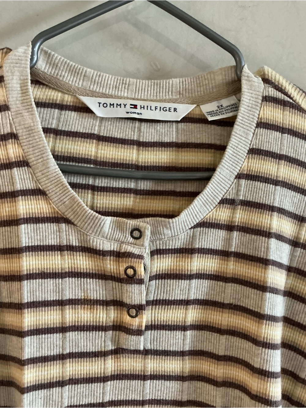 Tommy Hilfiger Cream, Brown and Yellow Striped Ribbed Henley Sweater